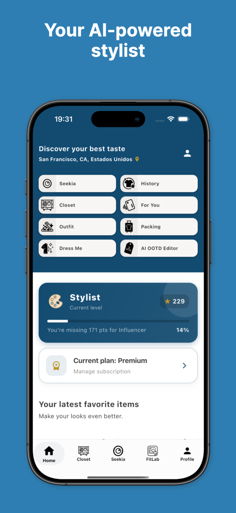 Seekia 앱 홈 화면에 AI 패션 도구 및 사용자 스타일리스트 레벨이 표시됩니다.