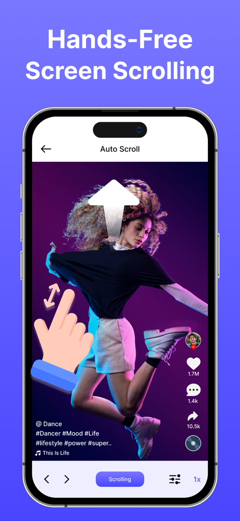 Auto Clicker: Auto Scroll, Tap - Pantalla del iPhone que muestra el desplazamiento automático manos libres en una aplicación de video