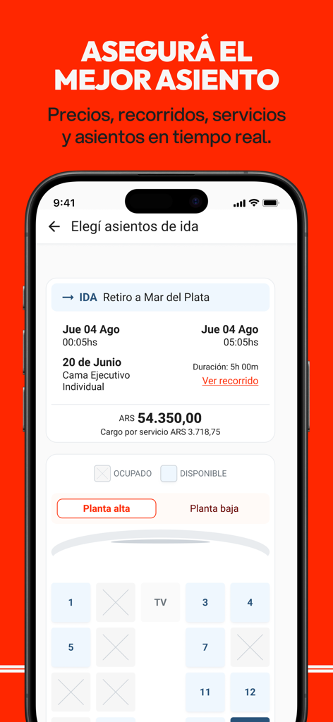 Plataforma 10 Pasajes de Micro - Plataforma 10 app interface showing seat selection and pricing for a bus trip from Retiro to Mar del Plata