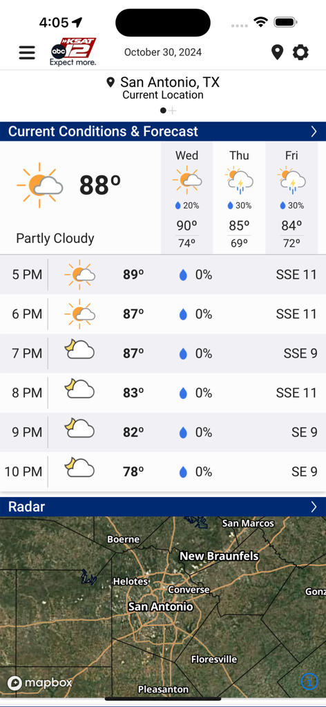 KSAT 12 Weather Authority app displaying current weather conditions, hourly forecast, and interactive radar map for San Antonio, Texas.
