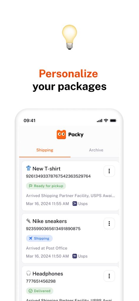 Package Tracker － Packy - Interface of the Packy app showing custom named tracking entries for a t-shirt, sneakers, and headphones.