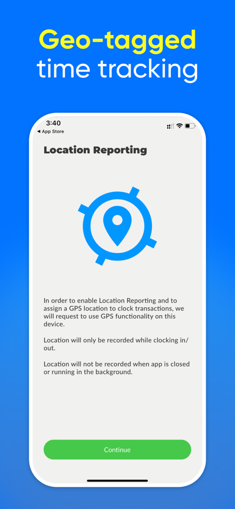 Toolr: Work time clock tracker - Benutzeroberfläche der Toolr-App, die die Einrichtung der geotagged Zeiterfassung und Standortberichtsfunktion zeigt.