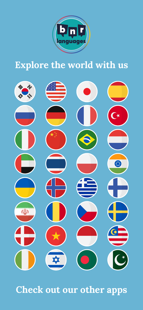 Learn Portuguese (Beginners) - A grid of national flag icons representing various language learning apps from BNR Languages