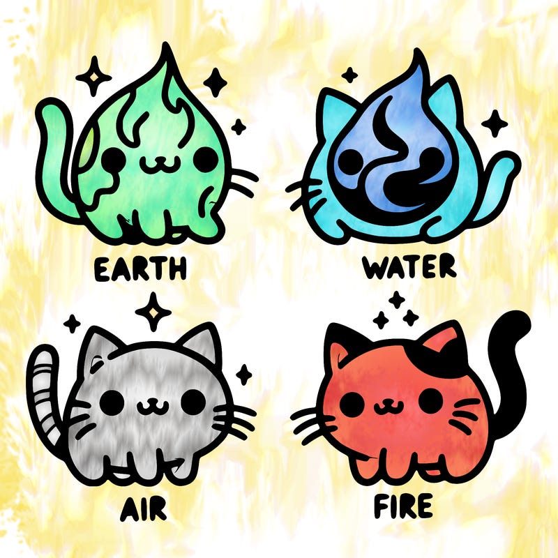 4 cats that represent the different elements, earth, water, air, and fire