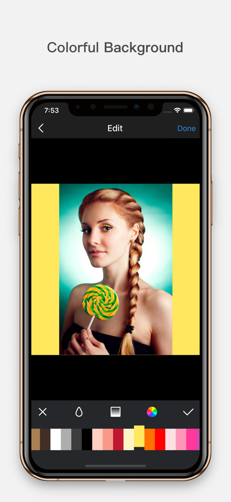 InFrame - Photo editor collage - Mobile app interface showing a portrait photo with a bright yellow background being selected from a color palette.