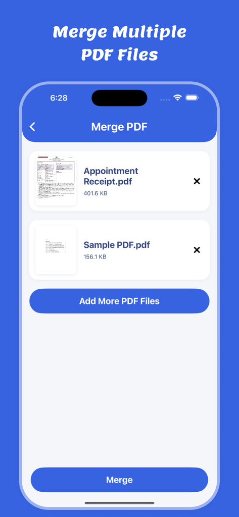 Web To PDF : Scanner & Reader - Web To PDFアプリのインターフェース。複数のPDFドキュメントを1つに結合する機能が表示されています。