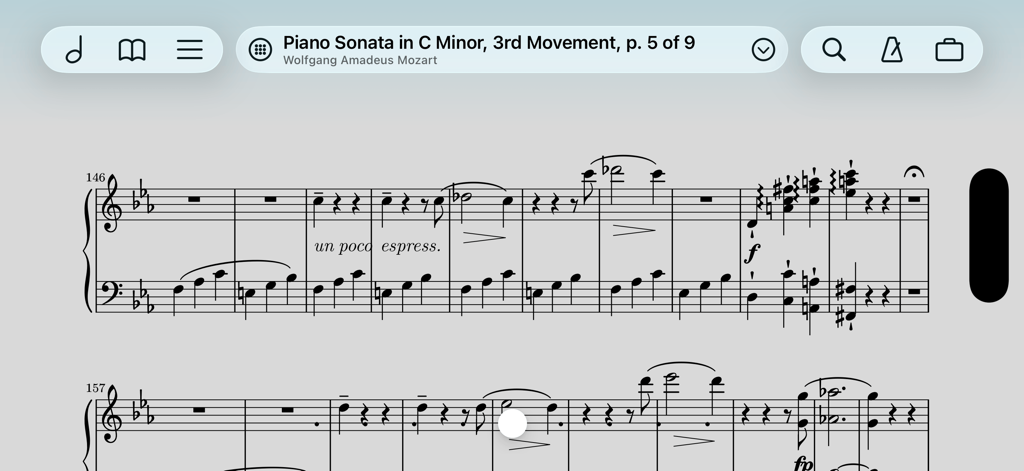 forScore - A digital sheet music interface in the forScore app showing Mozart's Piano Sonata in C Minor with annotation and organization tools.