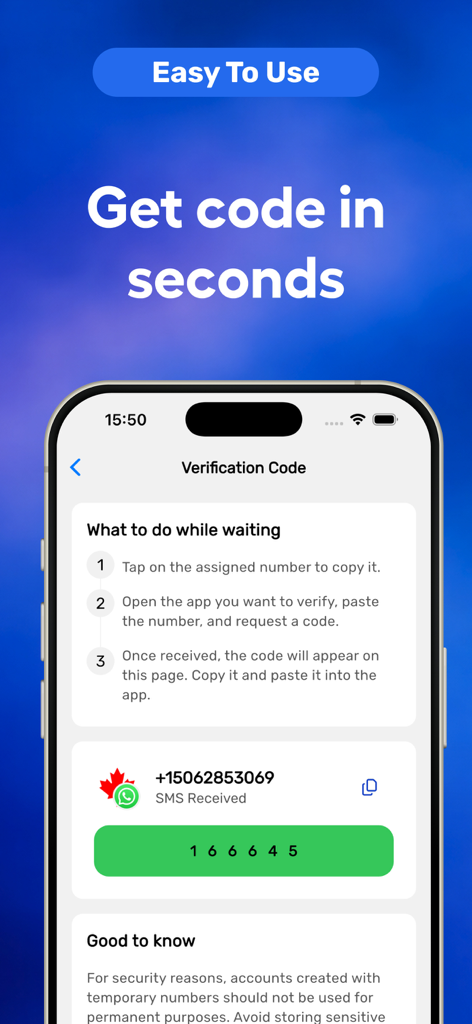 SMS io: Virtual Verification - Tutorial screen of SMS io app showing how to receive a virtual verification code instantly.