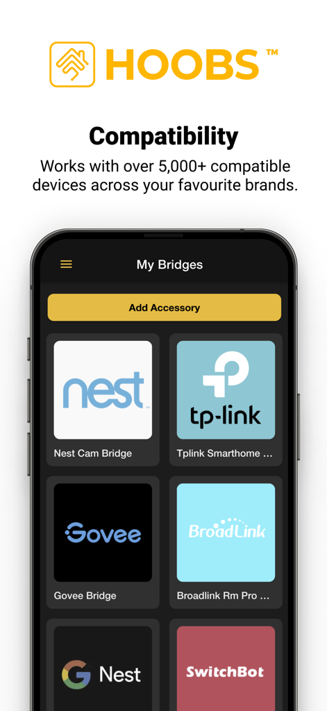 HOOBS app interface showing compatibility with over five thousand smart home devices across popular brands like Nest and TP-Link