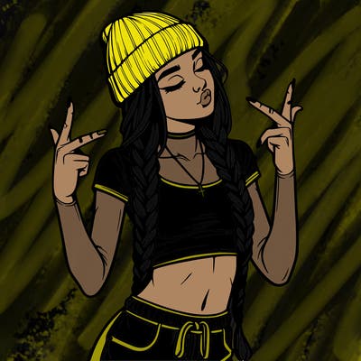 realistic teenage girl with braids and a beanie and crop top doing 🫶🏼