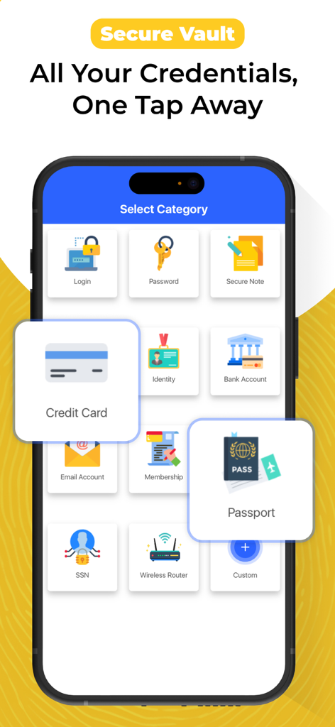 Secure Vault app interface showing categories for storing passwords, credit cards, and passports