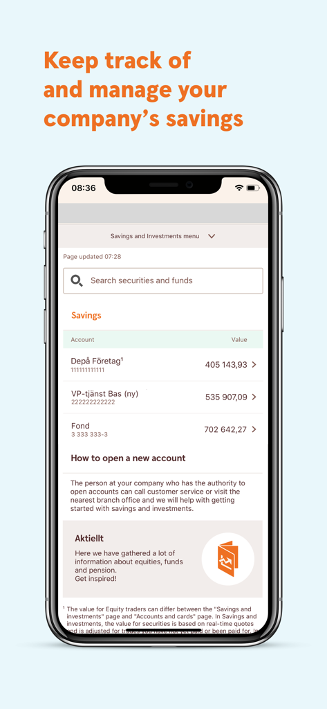 Swedbank företag - Interfaz de la aplicación Swedbank Business para gestionar cuentas de ahorro e inversión de la empresa.