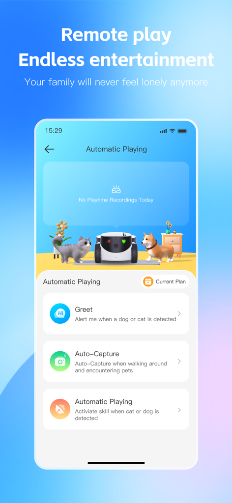 ROLA - Smart Robot - Interface de l'application ROLA montrant les paramètres de jeu automatique et d'interaction avec les animaux, y compris les modes de salutation et de capture automatique.
