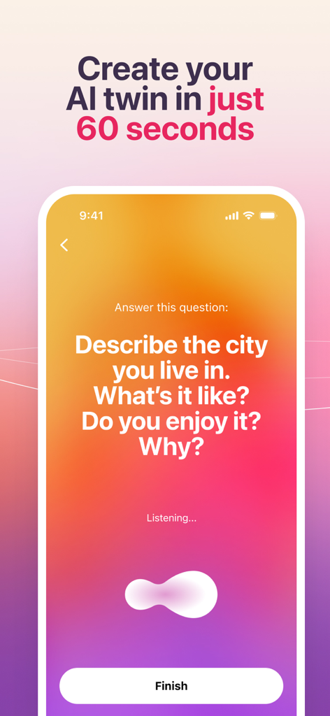 AI Twin by OpenHome app onboarding screen showing the 60-second voice cloning process with a text prompt and listening indicator.