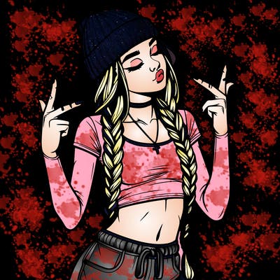 realistic teenage girl with braids and a beanie and crop top doing 🫶🏼
