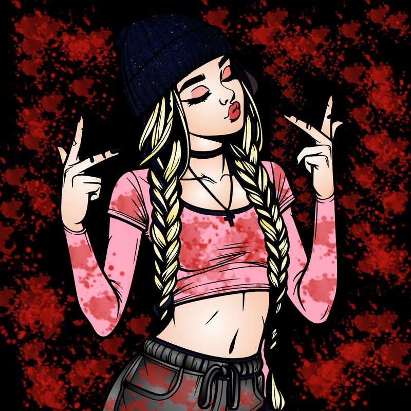 realistic teenage girl with braids and a beanie and crop top doing 🫶🏼