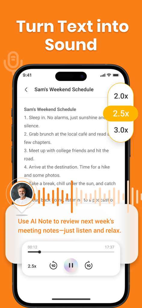 Note AI: Voice AI Transcribe - Pantalla del smartphone que muestra la aplicación Note AI convirtiendo notas de texto en audio con velocidades de reproducción ajustables y una forma de onda de voz