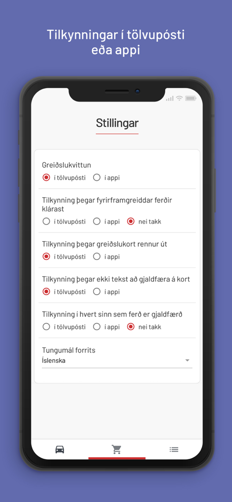 Pantalla de configuración de la aplicación Veggjald que muestra las preferencias de notificación y la selección de idioma.