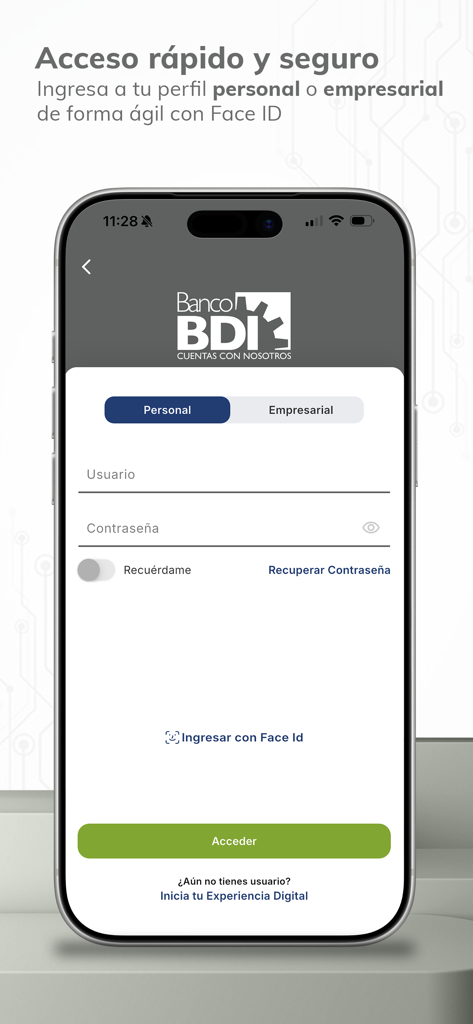 BDI APP - Pantalla de inicio de sesión de la BDI APP mostrando opciones de cuentas personales y de negocios con acceso Face ID