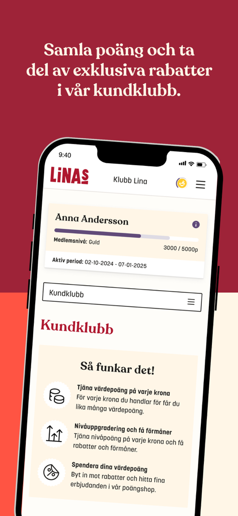 Linas Matkasse - Linas Matkasse loyalty program interface showing gold membership level and points status