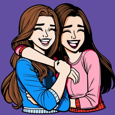 two realistic teenage girls side hugging and laughing