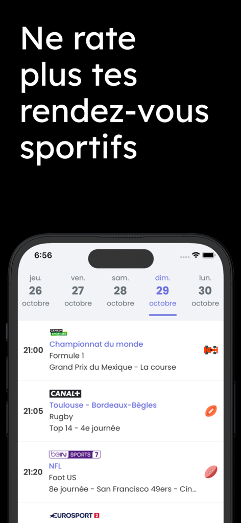 TV Sports - programme sportif - Application de guide TV sportive montrant un calendrier quotidien pour les matchs de F1, Rugby et NFL