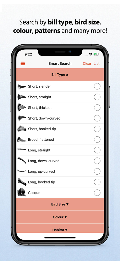 Sasol eBirds Southern Africa - 조류 부리 모양 식별 필터가 있는 사솔 이버즈 앱 스마트 검색 화면