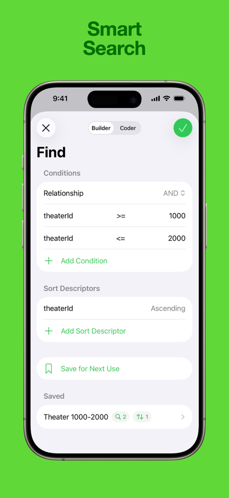 MongoPie - MongoPie mobile app interface showing smart search and query building for MongoDB