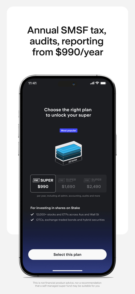 Stake – Stocks | ETFs | SMSF - Stake app screen showing SMSF investment plan options and annual pricing.