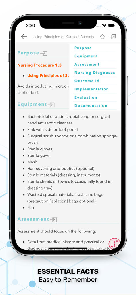 Clinical procedure screen in the Nurse Guide app showing surgical asepsis steps and equipment list.