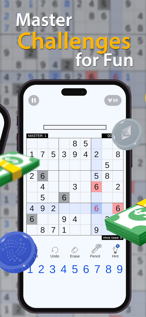 Sudoku App - Tela de smartphone exibindo uma grade de Sudoku de dificuldade mestre com o texto Desafios Mestre para Diversão e símbolos de recompensa.