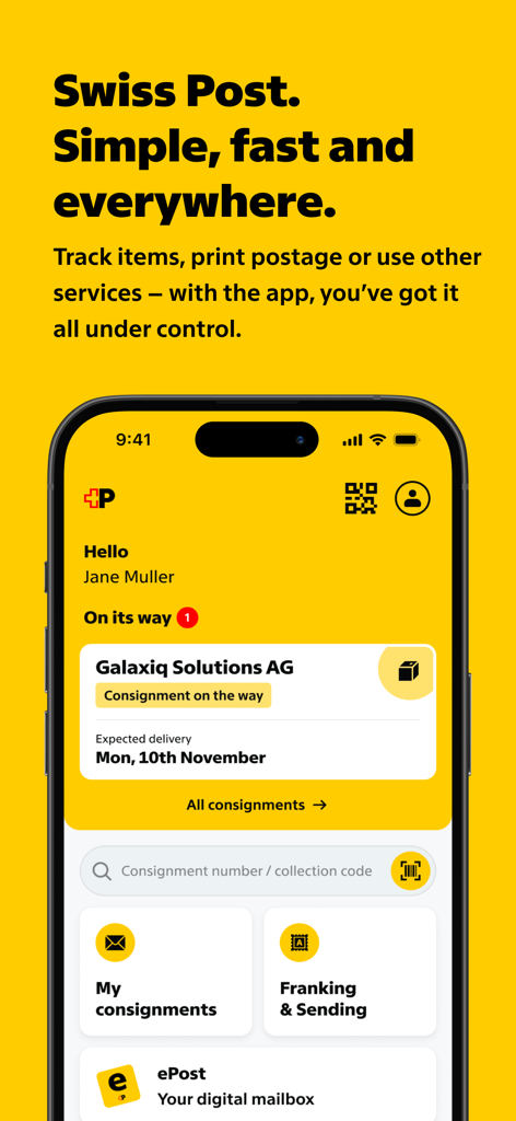 Swiss Post - Swiss Postアプリのインターフェイスで、小包追跡とデジタルサービスを表示