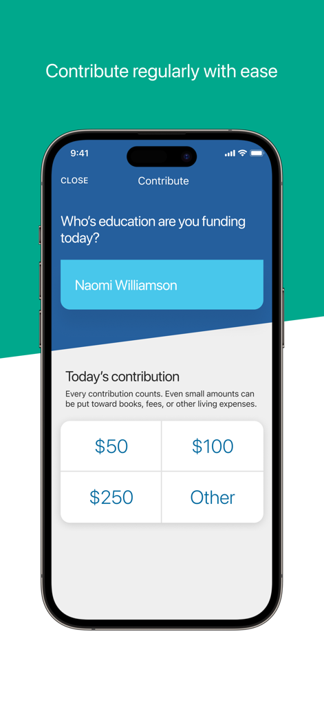 READYSAVE 529 - Uma captura de tela da tela de contribuição do aplicativo READYSAVE 529 mostrando opções para adicionar fundos para economias educacionais.
