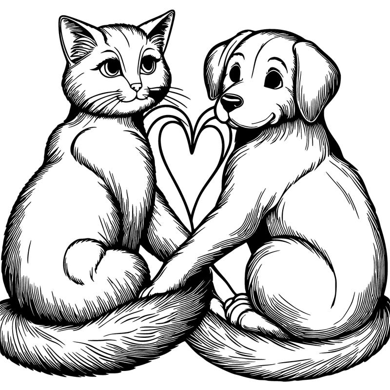 realistic cat and dog making a heart with their tails