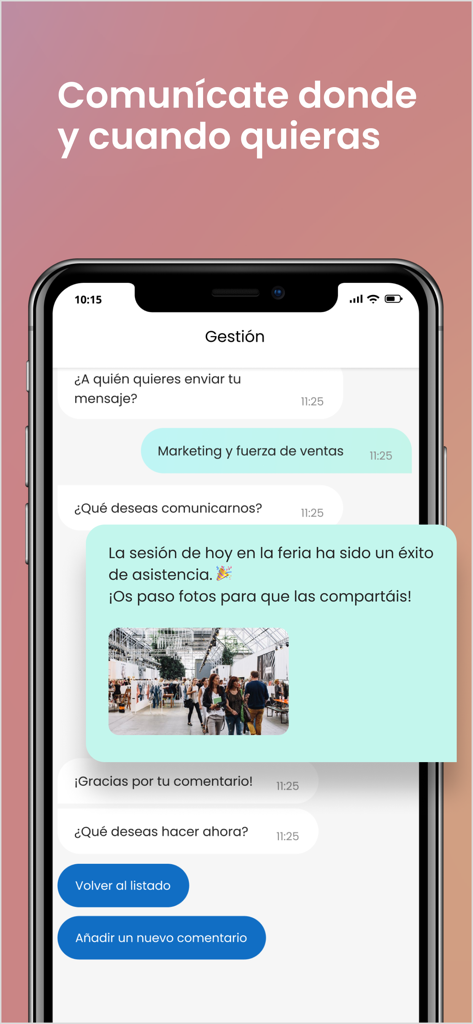 Dialenga - Pantalla móvil de la aplicación Dialenga que muestra una interfaz de chat para la comunicación interna de empleados y la gestión de comentarios.