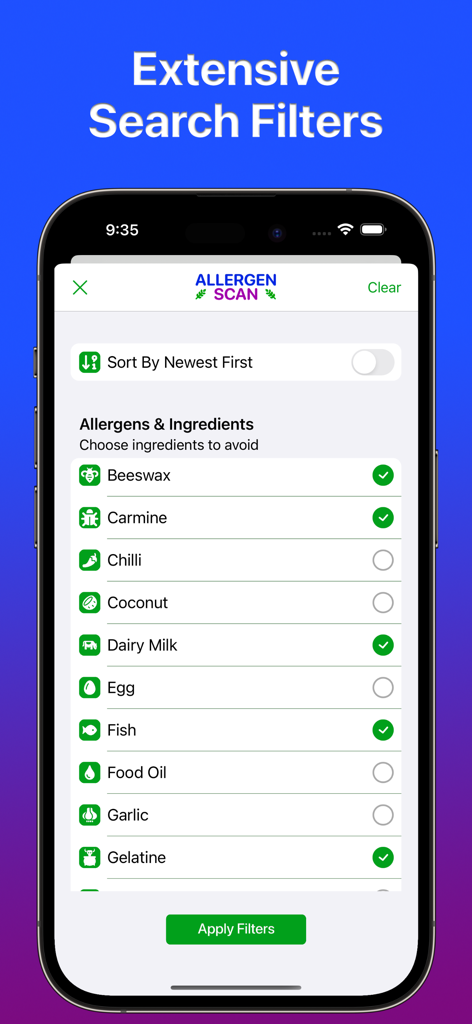 Allergen Scan - Pantalla de aplicación móvil que muestra una lista de alérgenos e ingredientes a evitar con casillas de verificación para filtrado personalizado.
