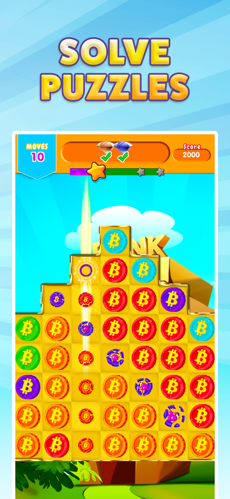 Bitcoin Blast - Une capture d'écran de jeu mobile de Bitcoin Blast montrant un puzzle match 3 avec des pièces colorées sur le thème du bitcoin