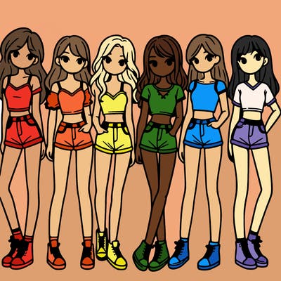 a group of girls wearing crop tops and shorts