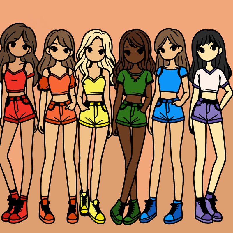 a group of girls wearing crop tops and shorts