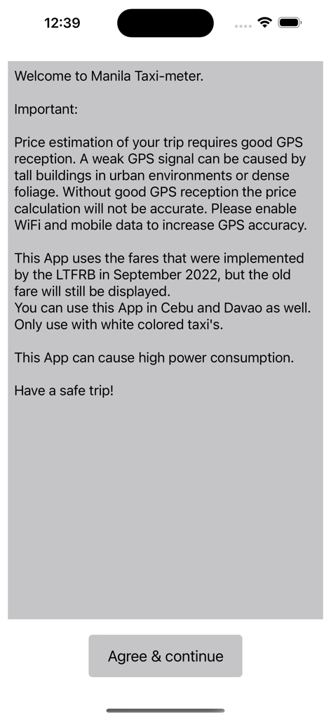 Manila Taxi-meter - Welcome screen of the Manila Taxi-meter app showing important information about GPS accuracy and fare calculation with an Agree and continue button