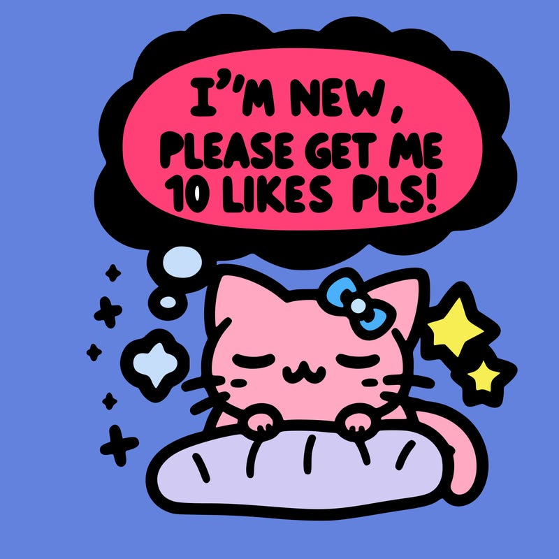 kitty taking a nap dream talking and saying "i'm new, please get me at least 10 likes pls!!"
