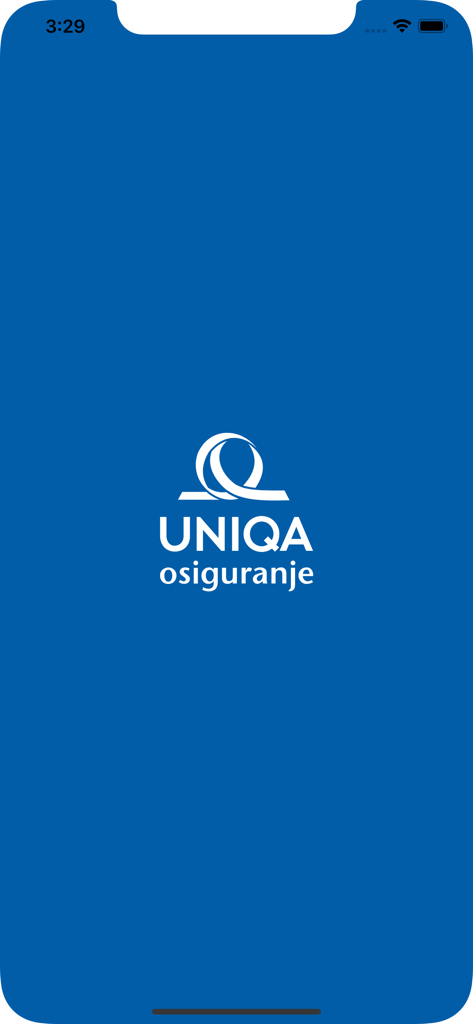 The splash screen of the mojaUNIQA insurance app showing the white logo and text on a solid blue background.