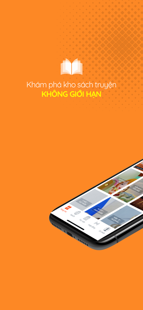 A smartphone displaying the Tea Book app library interface with various Vietnamese book categories on a vibrant orange background