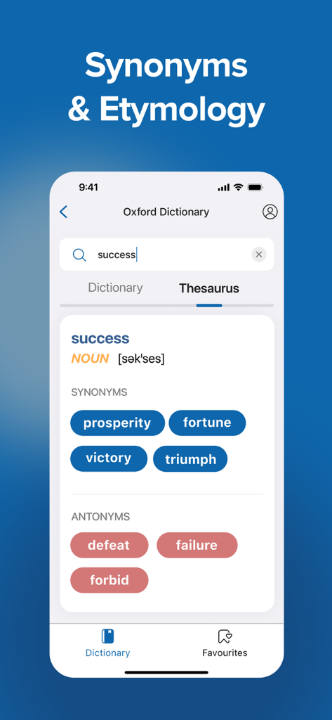 Oxford Dictionary app thesaurus screen showing synonyms and antonyms for the word success