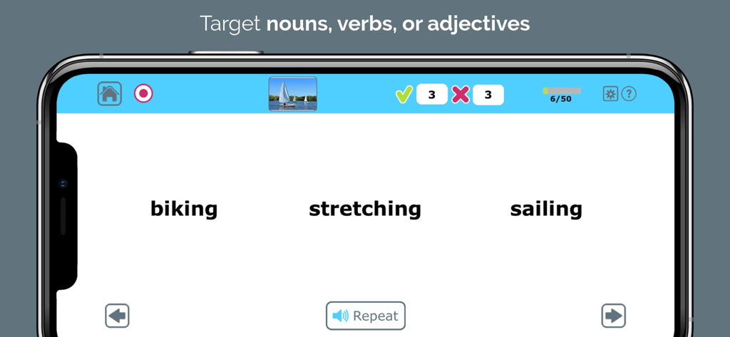 Uma tela do aplicativo Comprehension Therapy mostrando um exercício de correspondência de verbos com as opções de ciclismo, alongamento e vela.