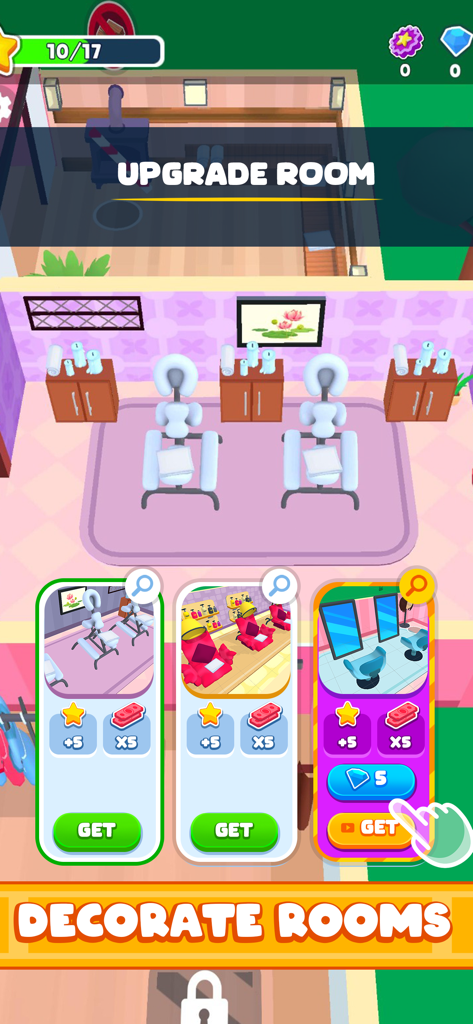 Gameplay screenshot of Spa Empire showing a room upgrade menu with options to decorate and customize spa facilities