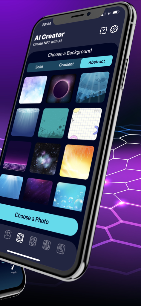 A mobile screen showing the NFT Maker AI Creator interface where users can select abstract backgrounds for their digital art.
