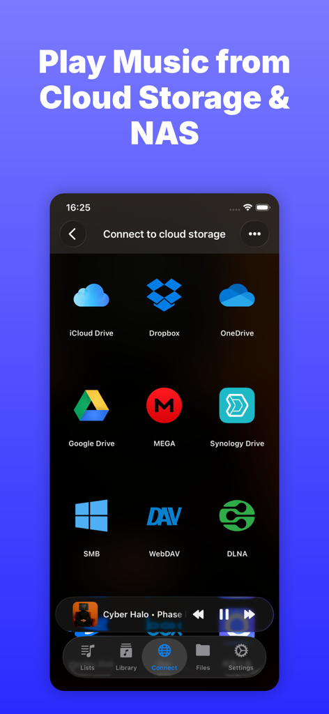 L'interface de l'application Evermusic affiche les options de connexion au stockage cloud telles que Dropbox, Google Drive et les protocoles NAS.