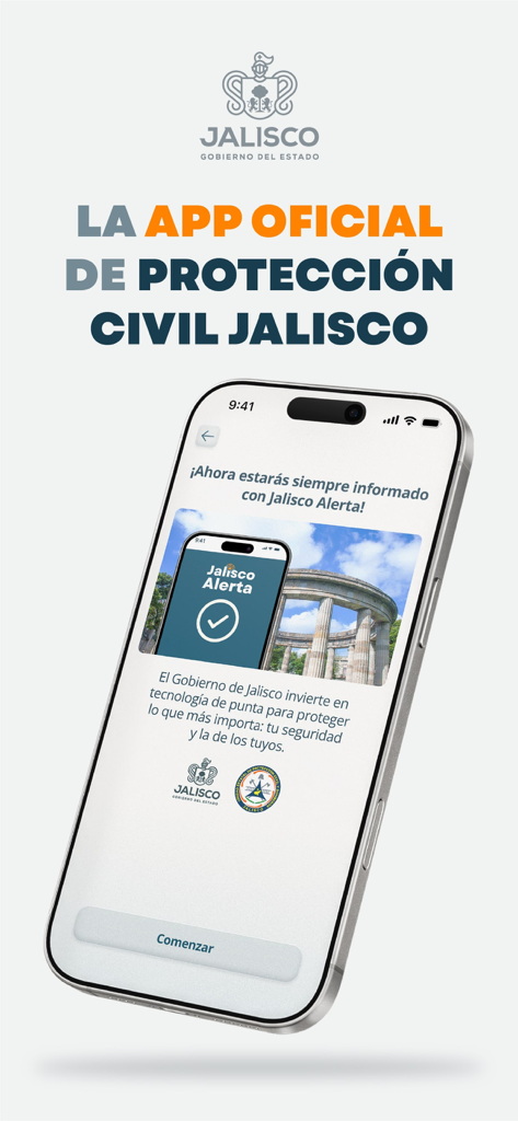 公式ハリスコ・アレルタ市民保護アプリのホーム画面。スペイン語でのウェルカムメッセージが表示されます。