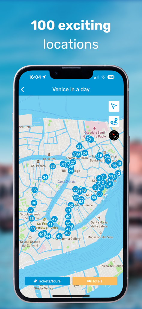 Venice Audio Guide Offline Map - Interfaccia dell'app Venice Audio Guide che mostra una mappa offline con segnaposto per 100 luoghi turistici